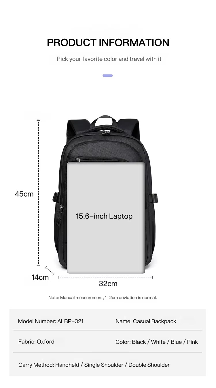 45x32x14 cm size with 15.6-inch laptop and product info