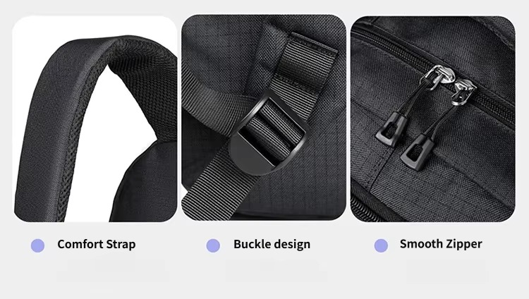 comfort strap, buckle and smooth zipper details