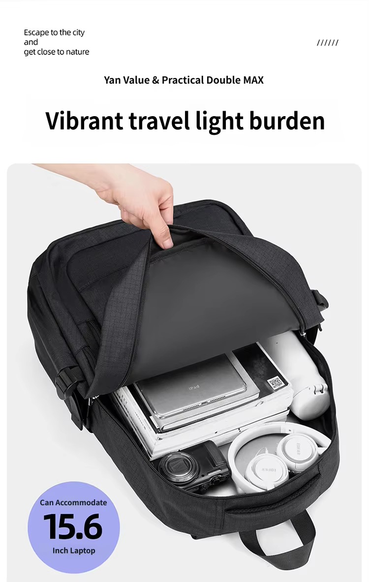 open main compartment with 15.6-inch laptop and camera