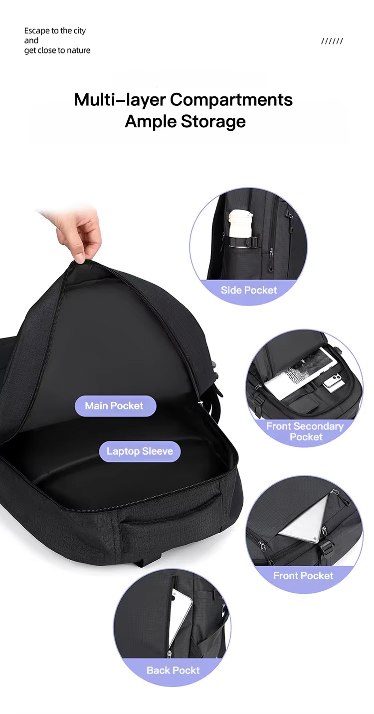 main pocket, laptop sleeve, side, front and back pockets
