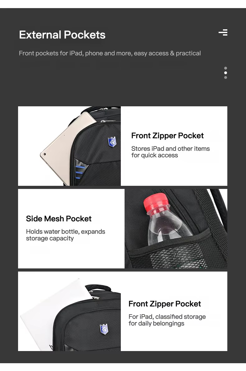 front zipper pockets and side mesh pocket