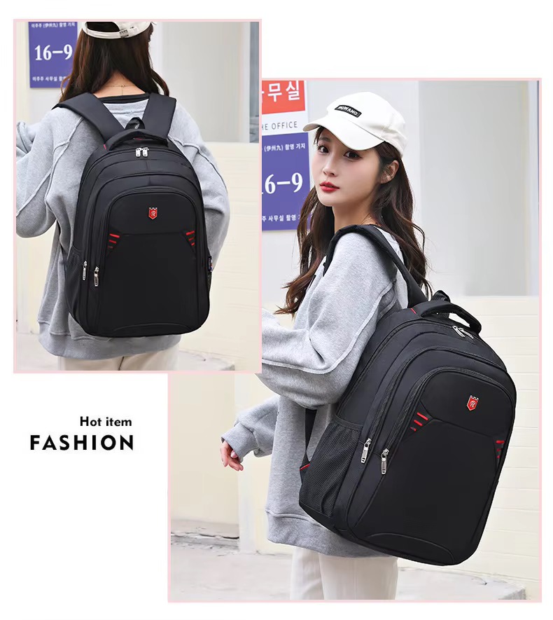 woman wearing red accent backpack two angles