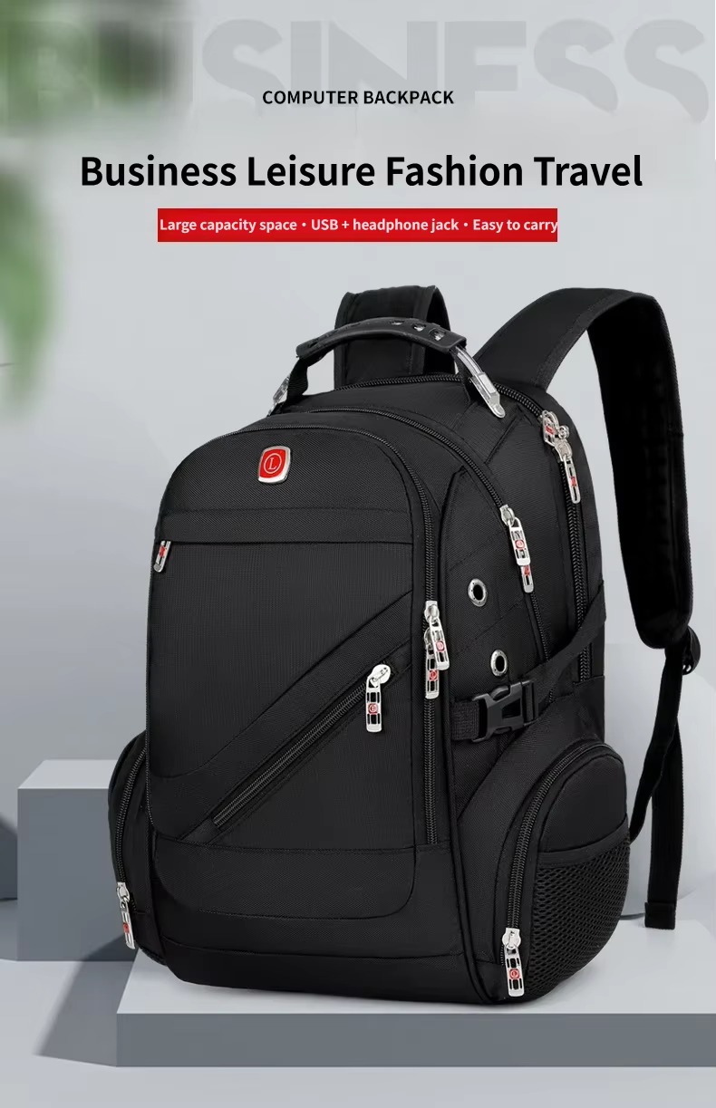 black computer backpack with USB and headphone jack