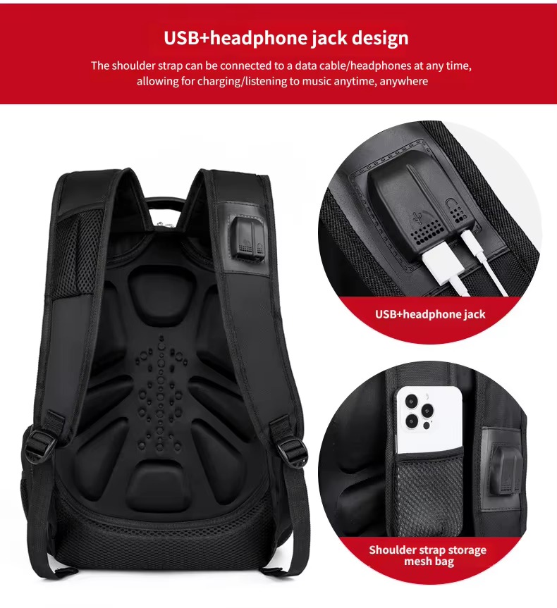 back panel with USB port and shoulder strap mesh pocket
