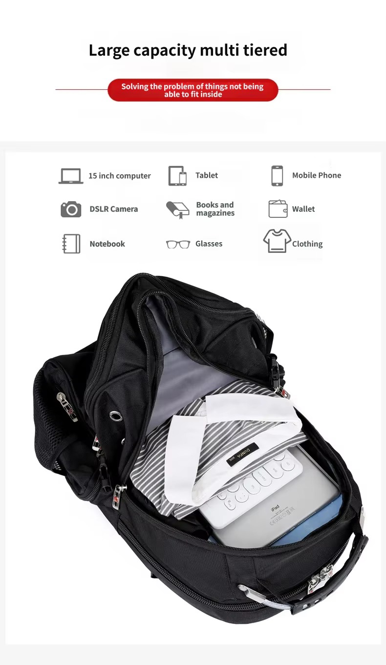 packed multi-tier backpack and items it holds