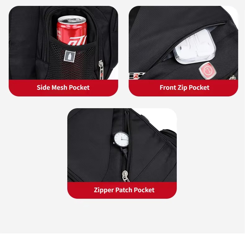 side mesh pocket, front zip pocket and zipper patch pocket