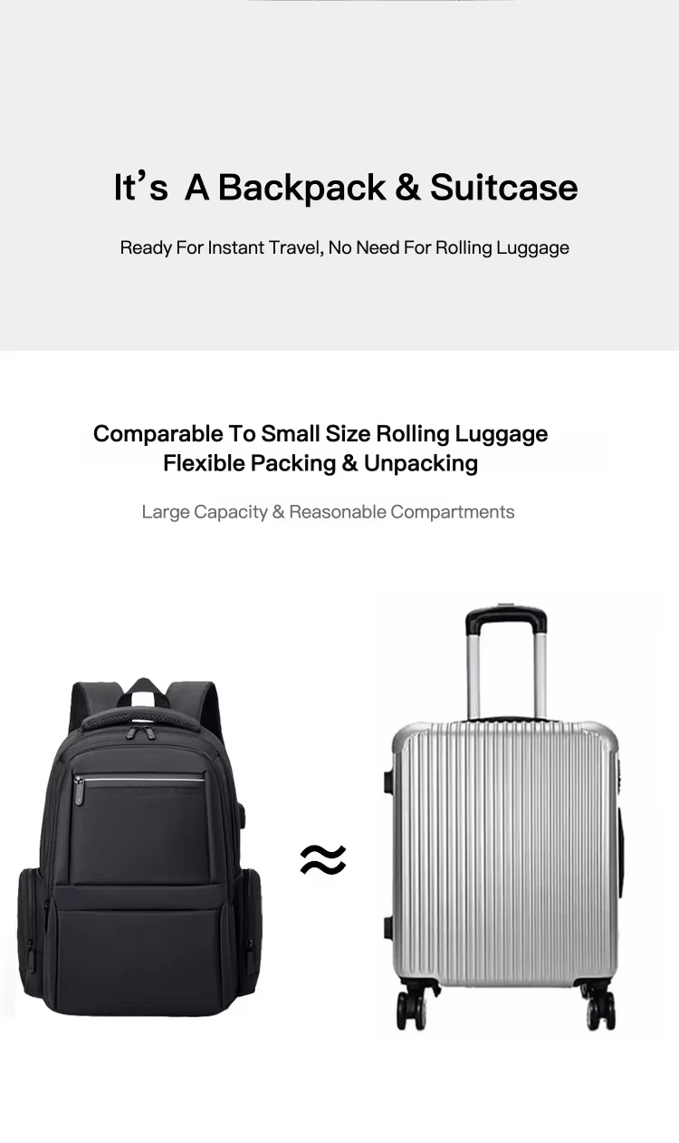 backpack capacity compared with small rolling suitcase
