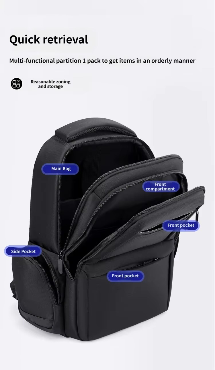 main bag, front compartment, front and side pockets