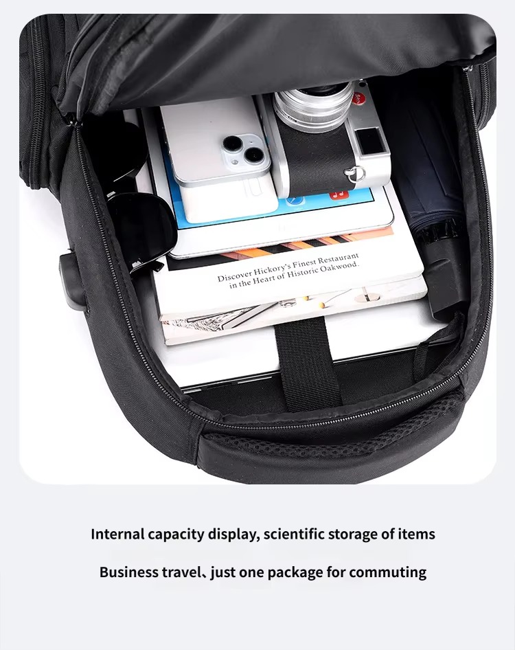 packed main compartment with camera and books