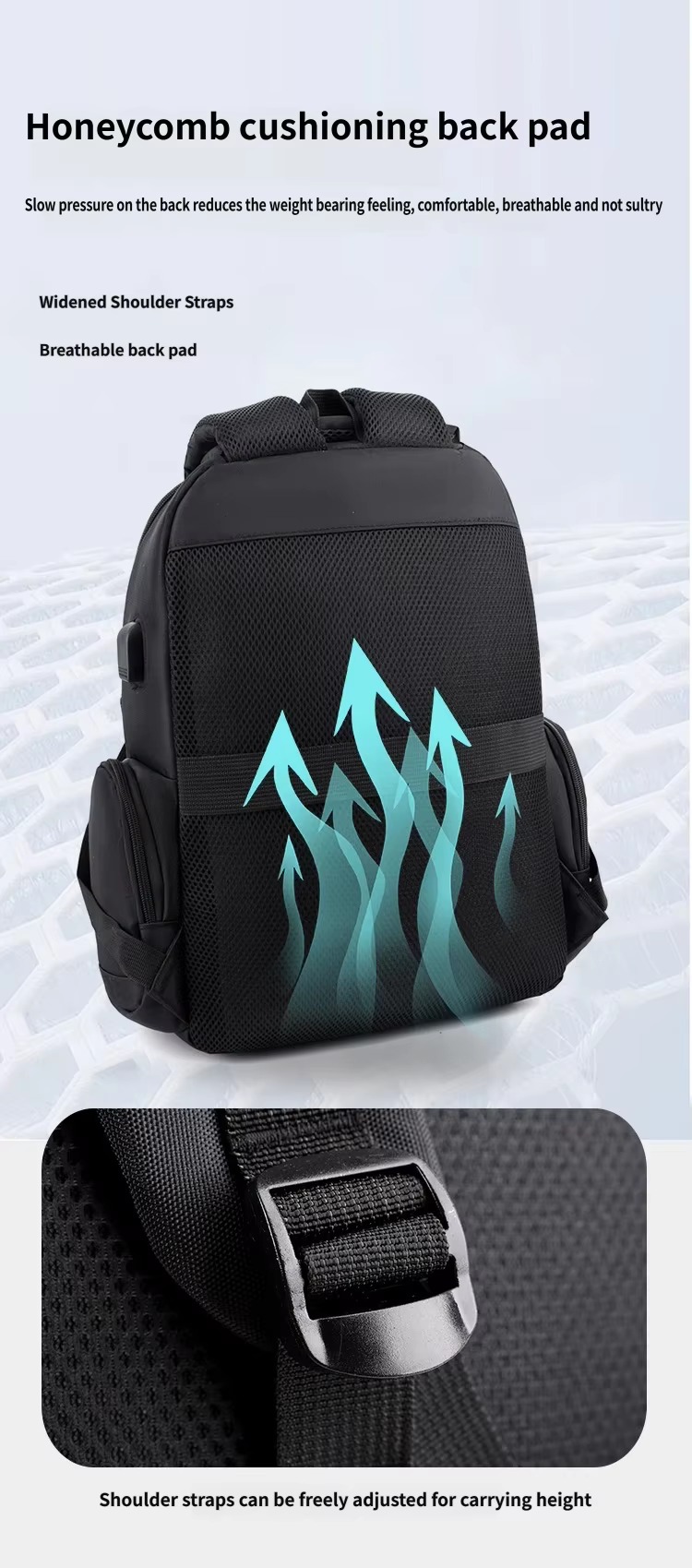 honeycomb back pad and shoulder strap buckle