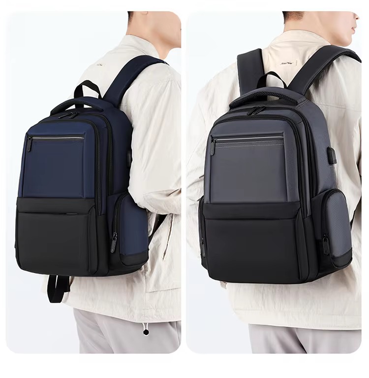 man wearing blue and gray backpacks