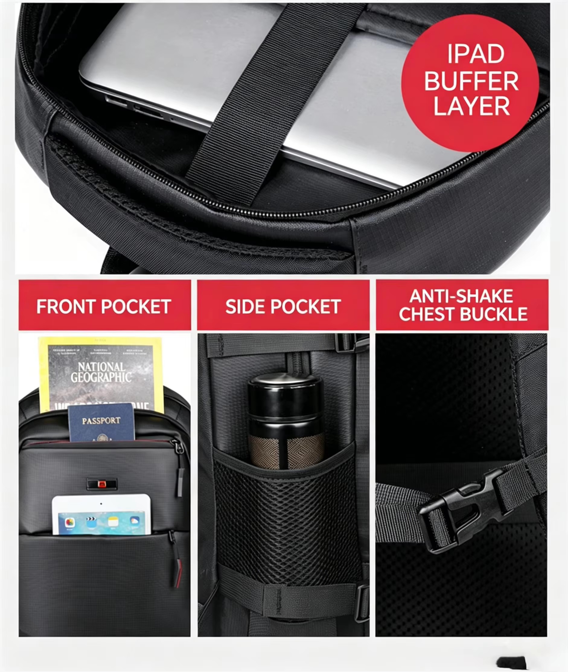 iPad buffer layer, front pocket, side pocket and chest buckle