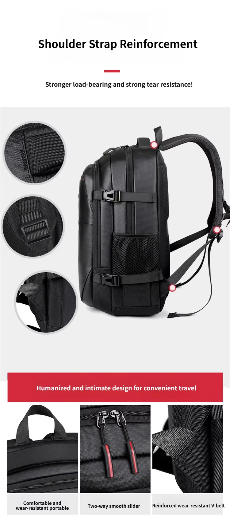 shoulder strap reinforcement and handle, slider and V-belt details