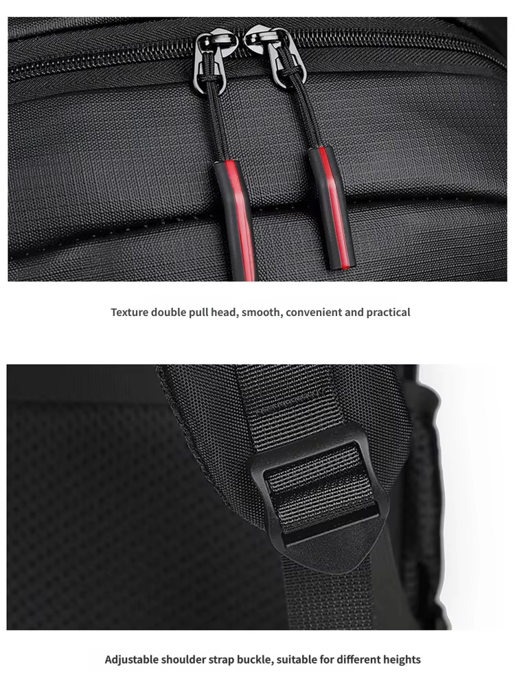 double zipper pulls and strap adjustment buckle