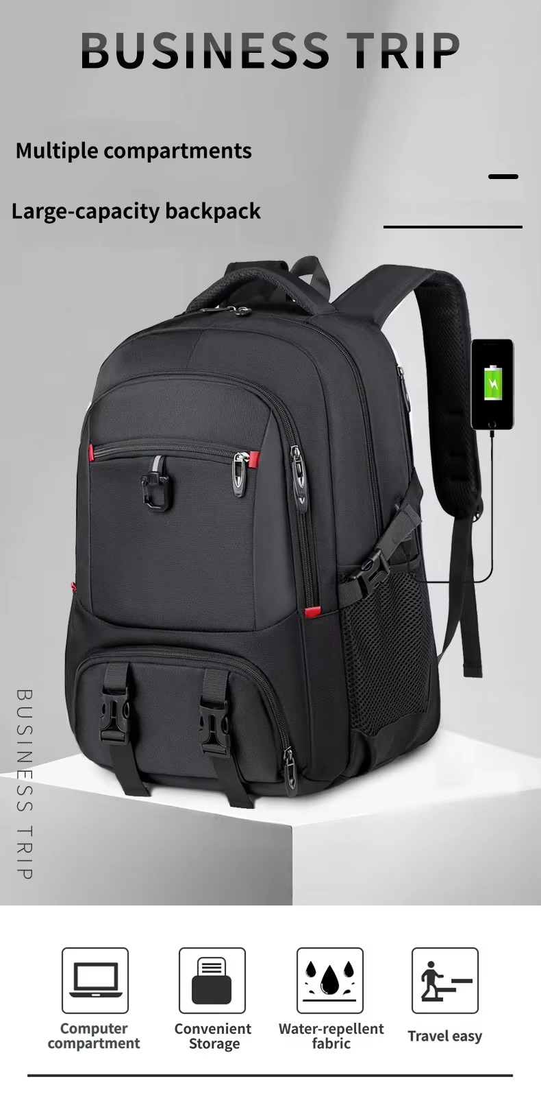 black business trip backpack with USB charging