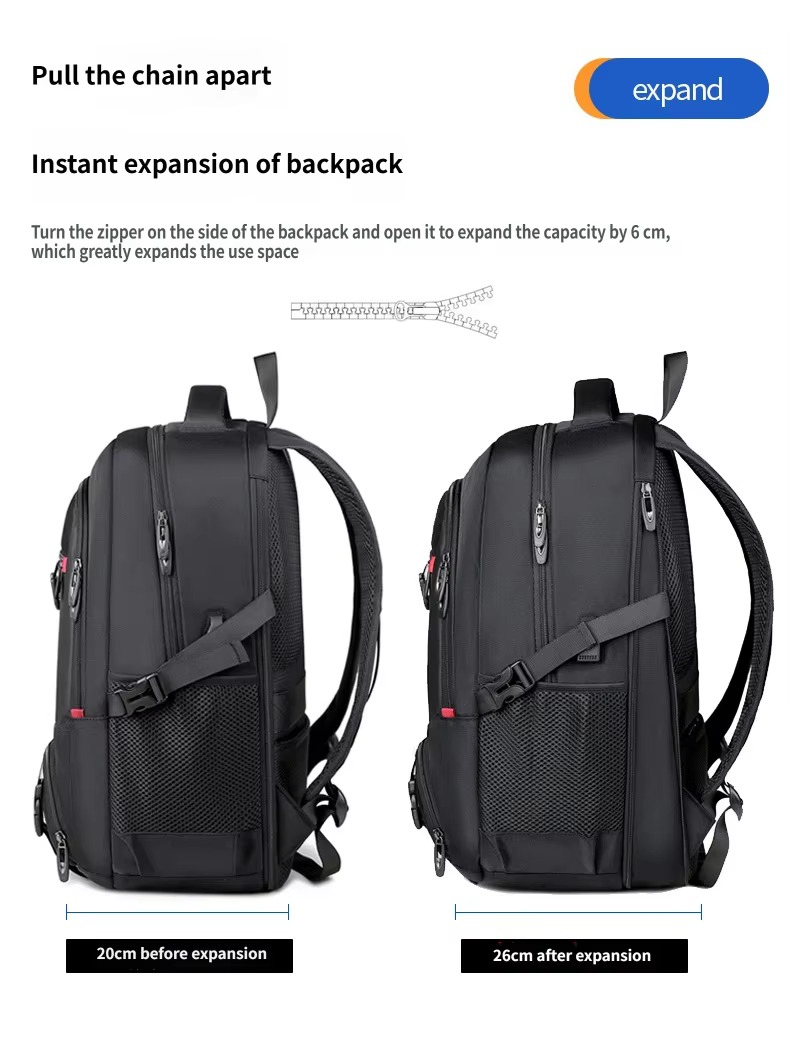 side zipper expanding depth from 20 cm to 26 cm