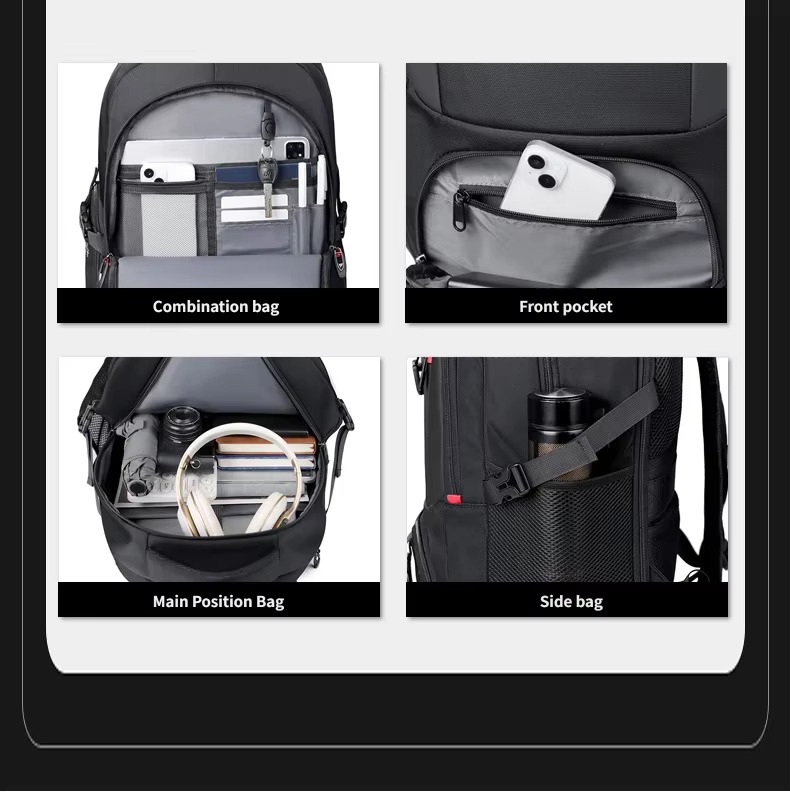 combination bag, front pocket, main bag and side bag