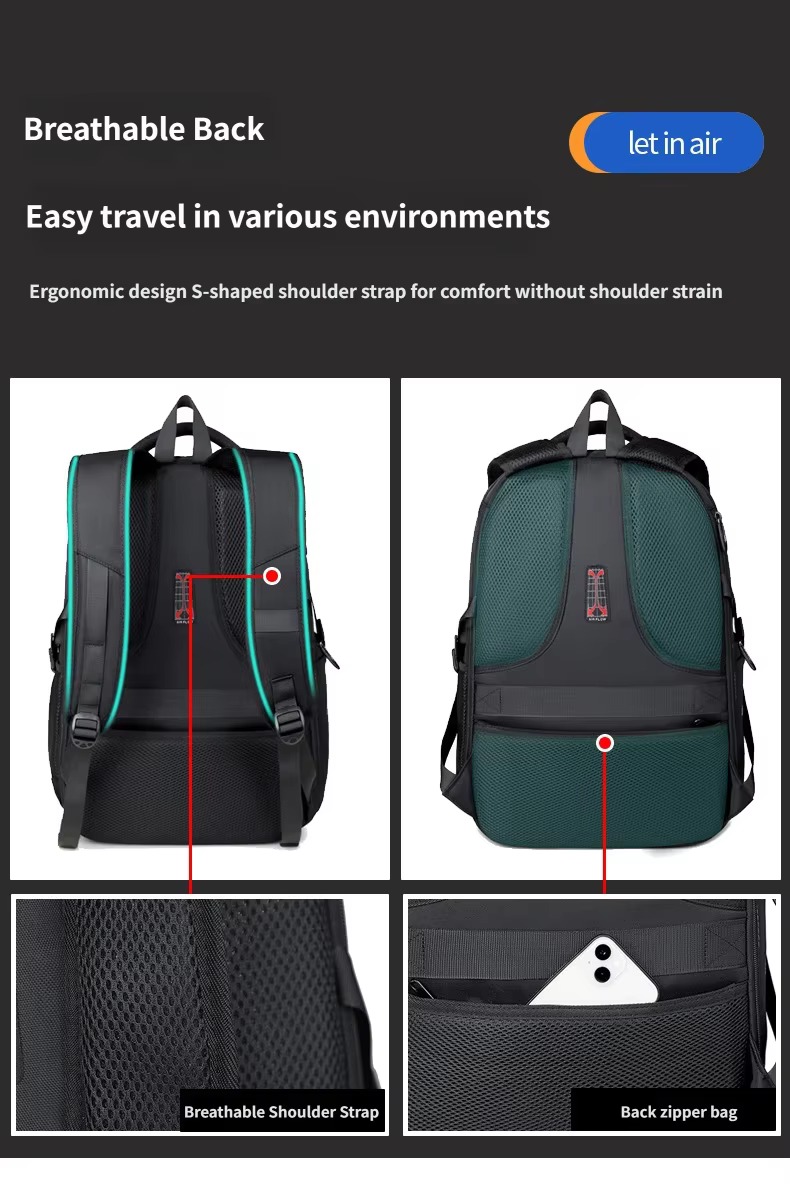 breathable back, S-shaped straps and back zipper pocket