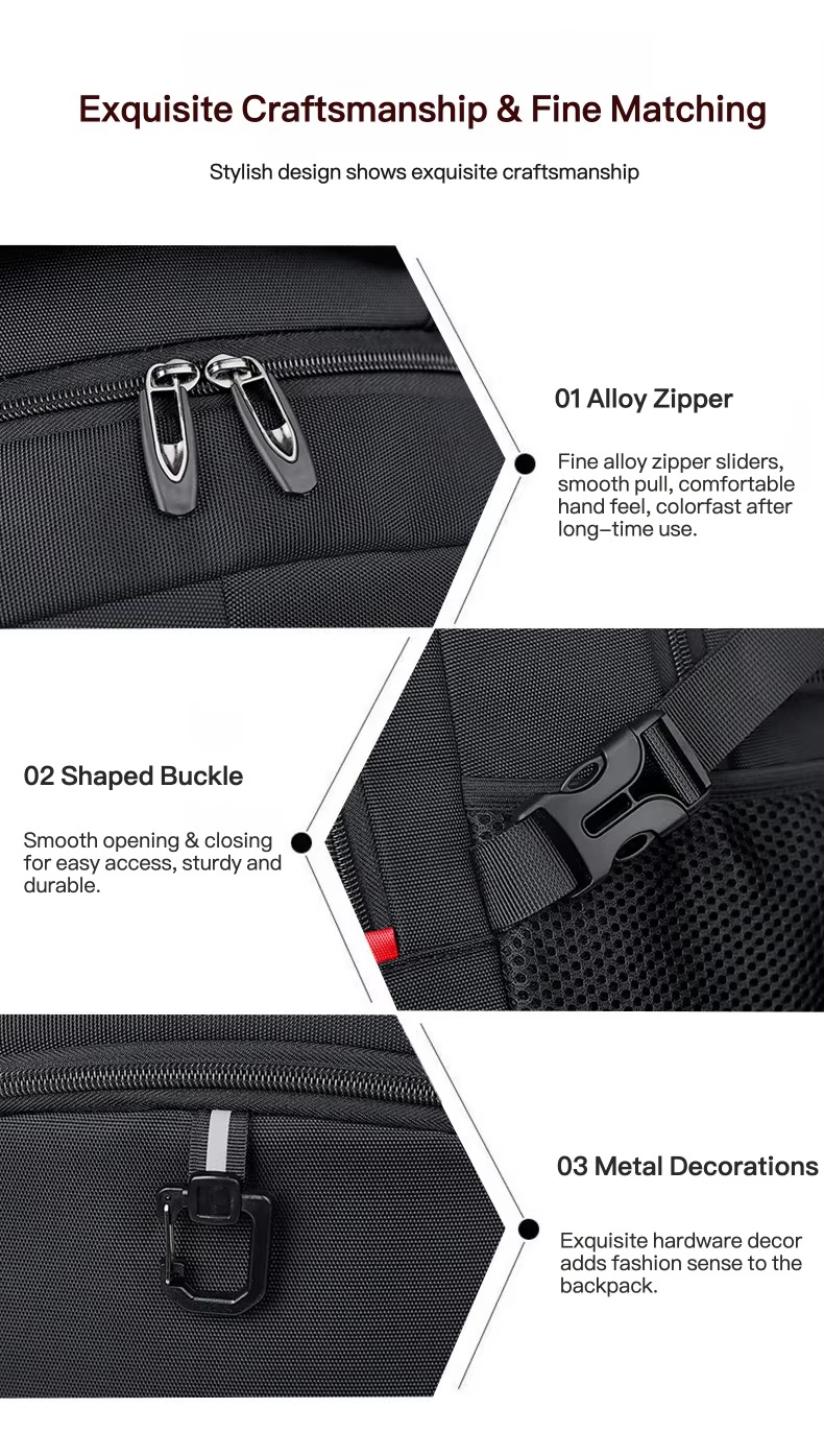 alloy zipper, buckle and metal decoration details