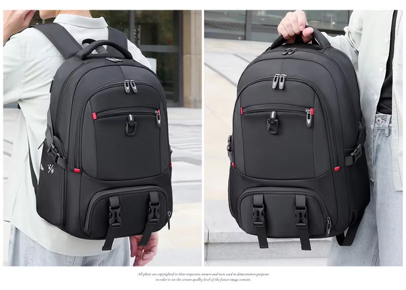 black backpack side and front views on models
