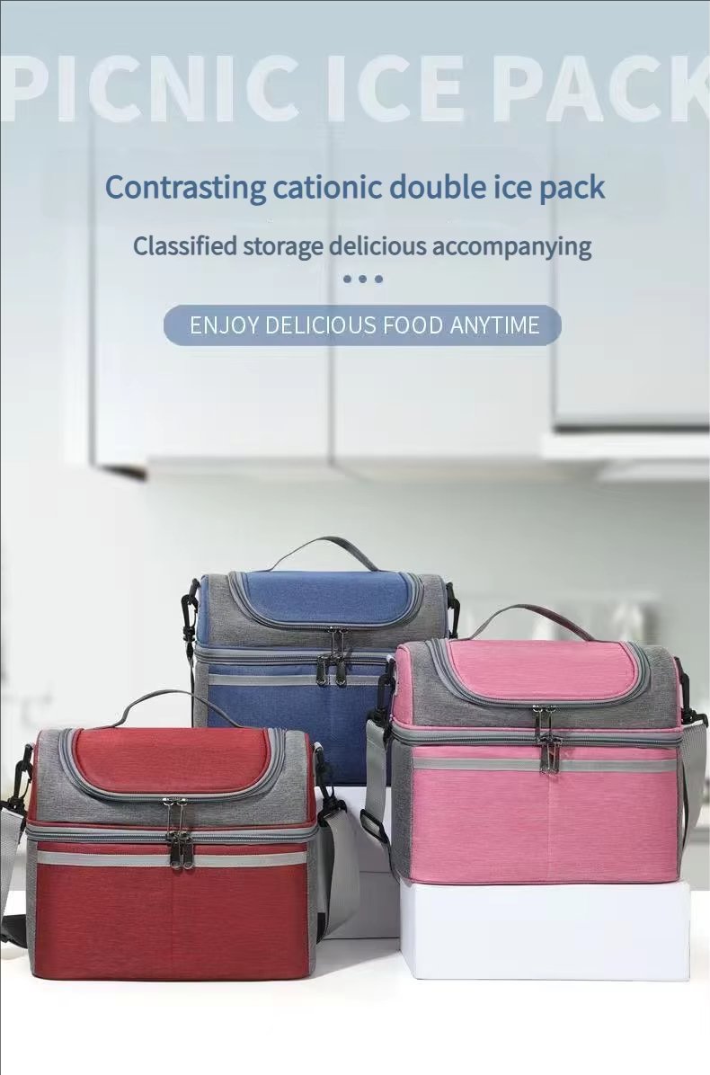 Double Layer Thermal Lunch Bag with Plastic Zipper Handle Waterproof Insulated Picnic Storage Cooler Bag - product detail