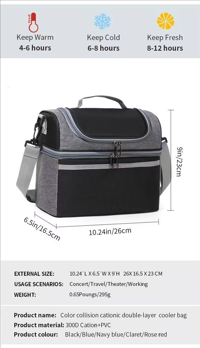 Double Layer Thermal Lunch Bag with Plastic Zipper Handle Waterproof Insulated Picnic Storage Cooler Bag - product detail