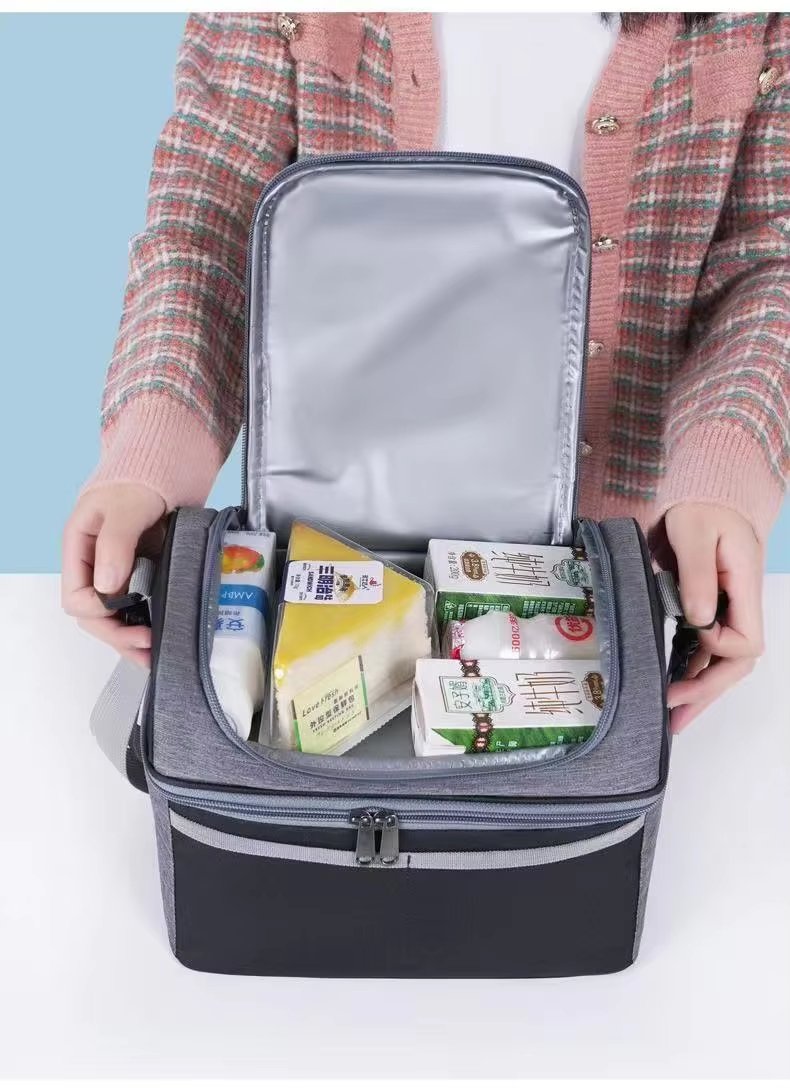 Double Layer Thermal Lunch Bag with Plastic Zipper Handle Waterproof Insulated Picnic Storage Cooler Bag - product detail