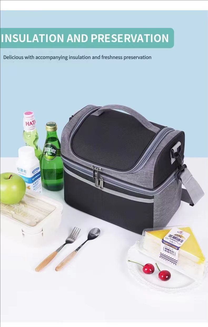 Double Layer Thermal Lunch Bag with Plastic Zipper Handle Waterproof Insulated Picnic Storage Cooler Bag - product detail
