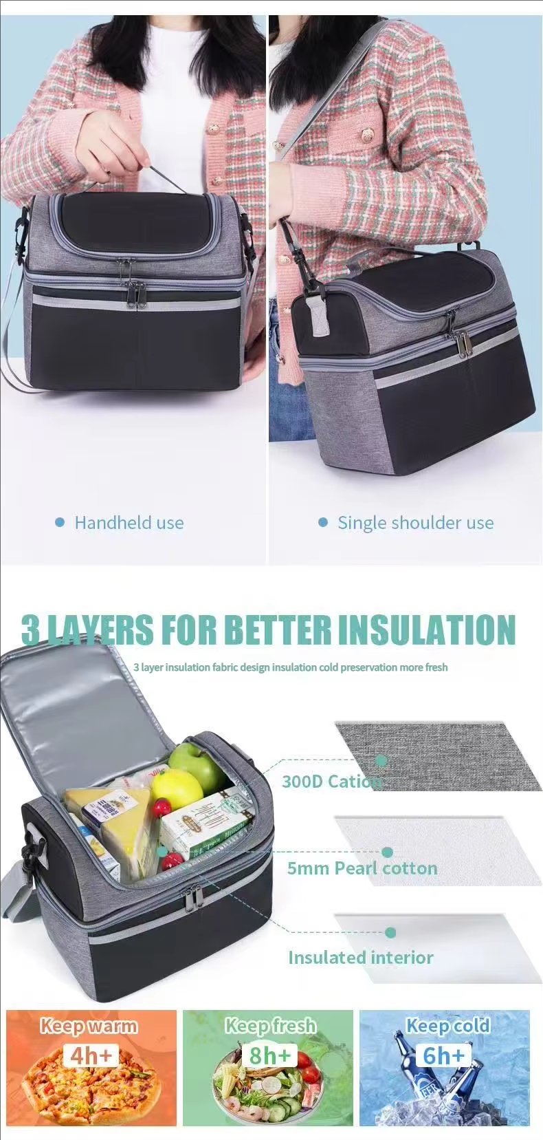Double Layer Thermal Lunch Bag with Plastic Zipper Handle Waterproof Insulated Picnic Storage Cooler Bag - product detail
