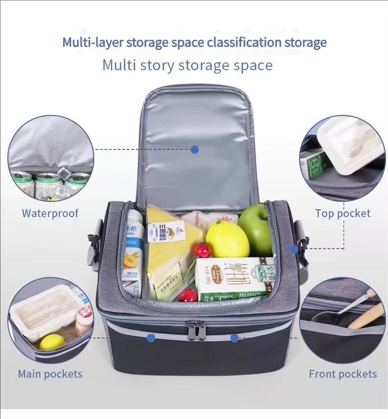 Double Layer Thermal Lunch Bag with Plastic Zipper Handle Waterproof Insulated Picnic Storage Cooler Bag - product detail