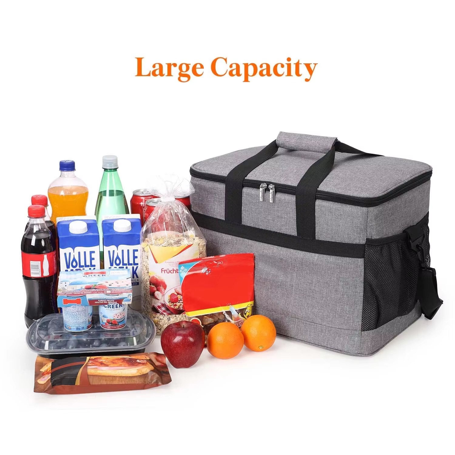 large capacity groceries and drinks displayed beside the bag