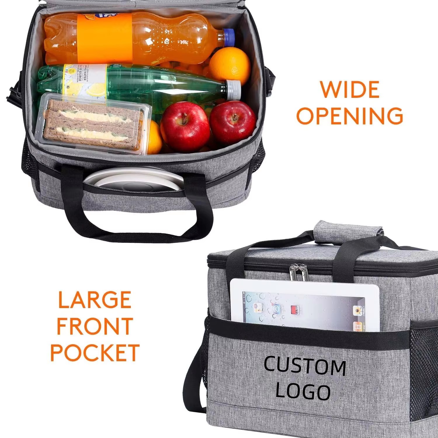 wide top opening packed with groceries and front pocket holding a tablet