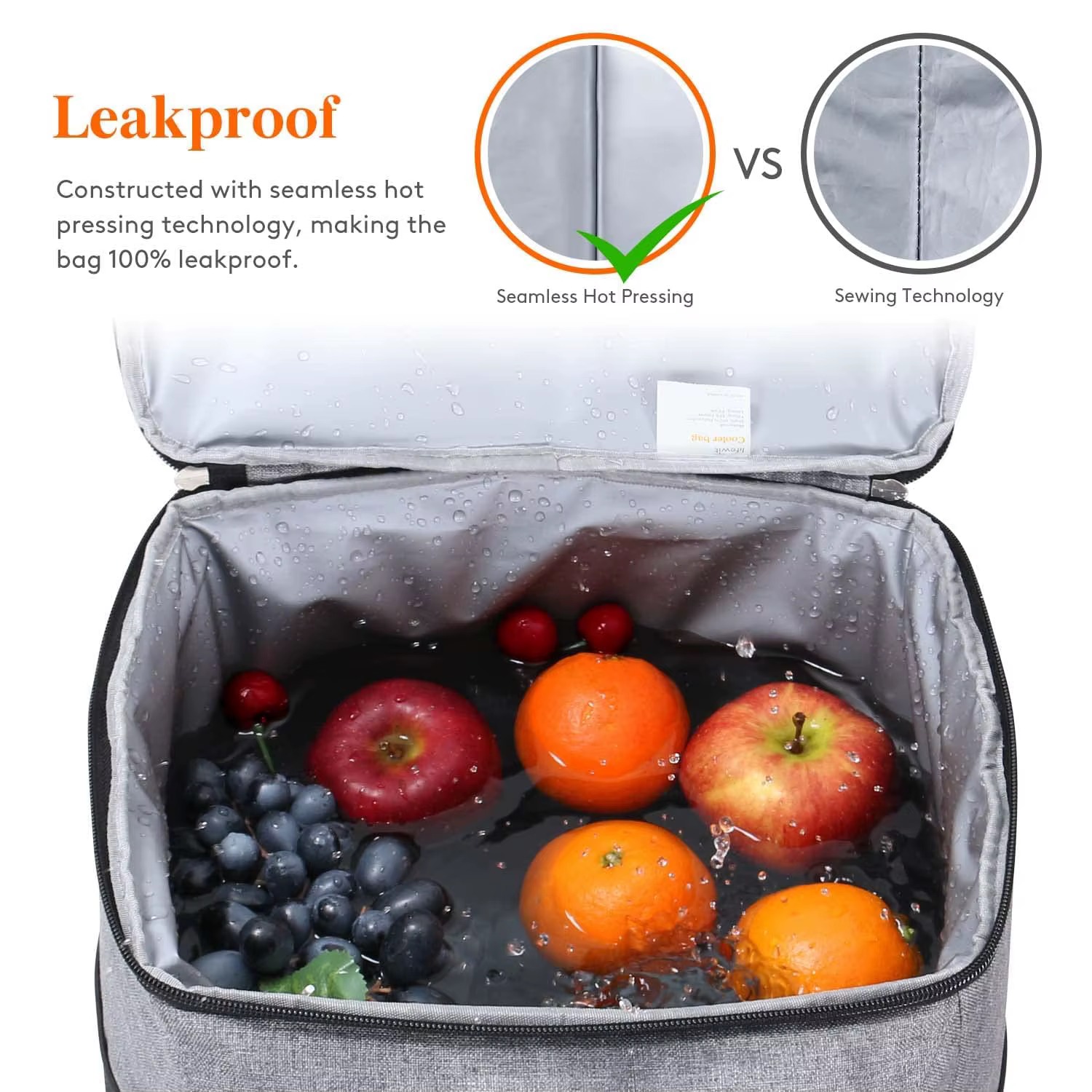 leakproof interior test submerged in water with floating fruit
