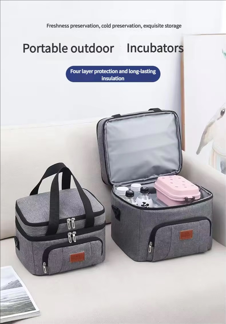 two cooler bags open with water bottles and pink lunch box, portable outdoor insulation callout