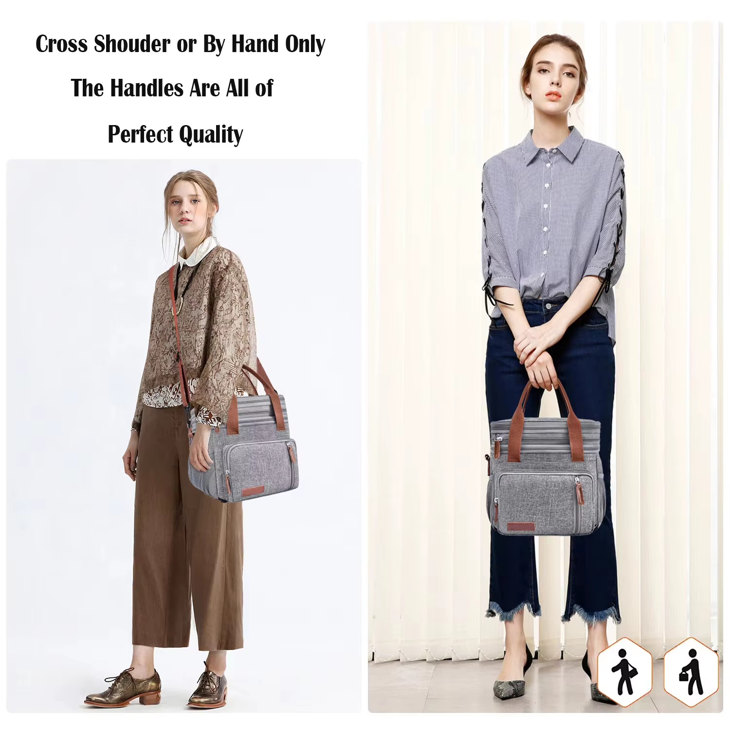 two models carrying gray tote by hand and crossbody