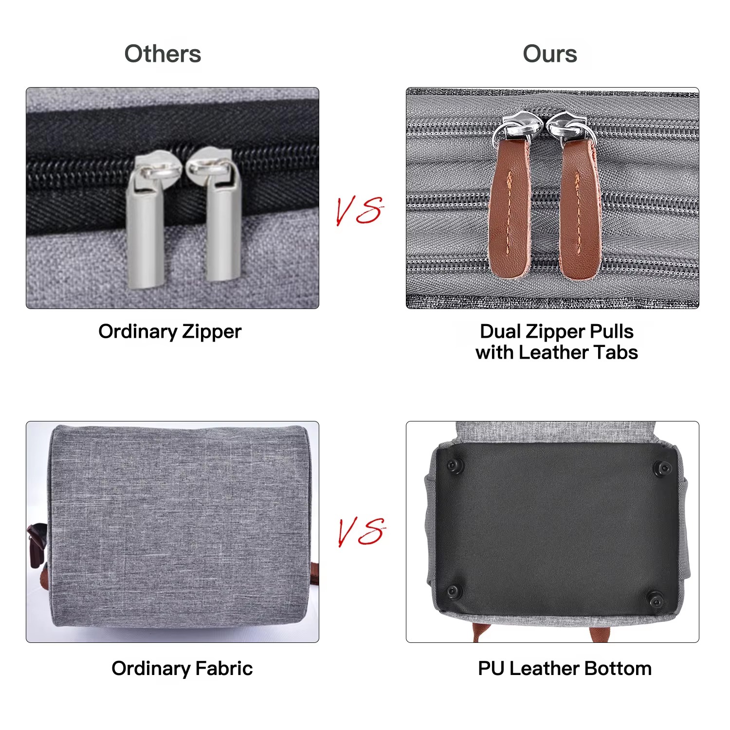 comparison of ordinary zipper vs leather-tab zipper and fabric vs PU leather bottom