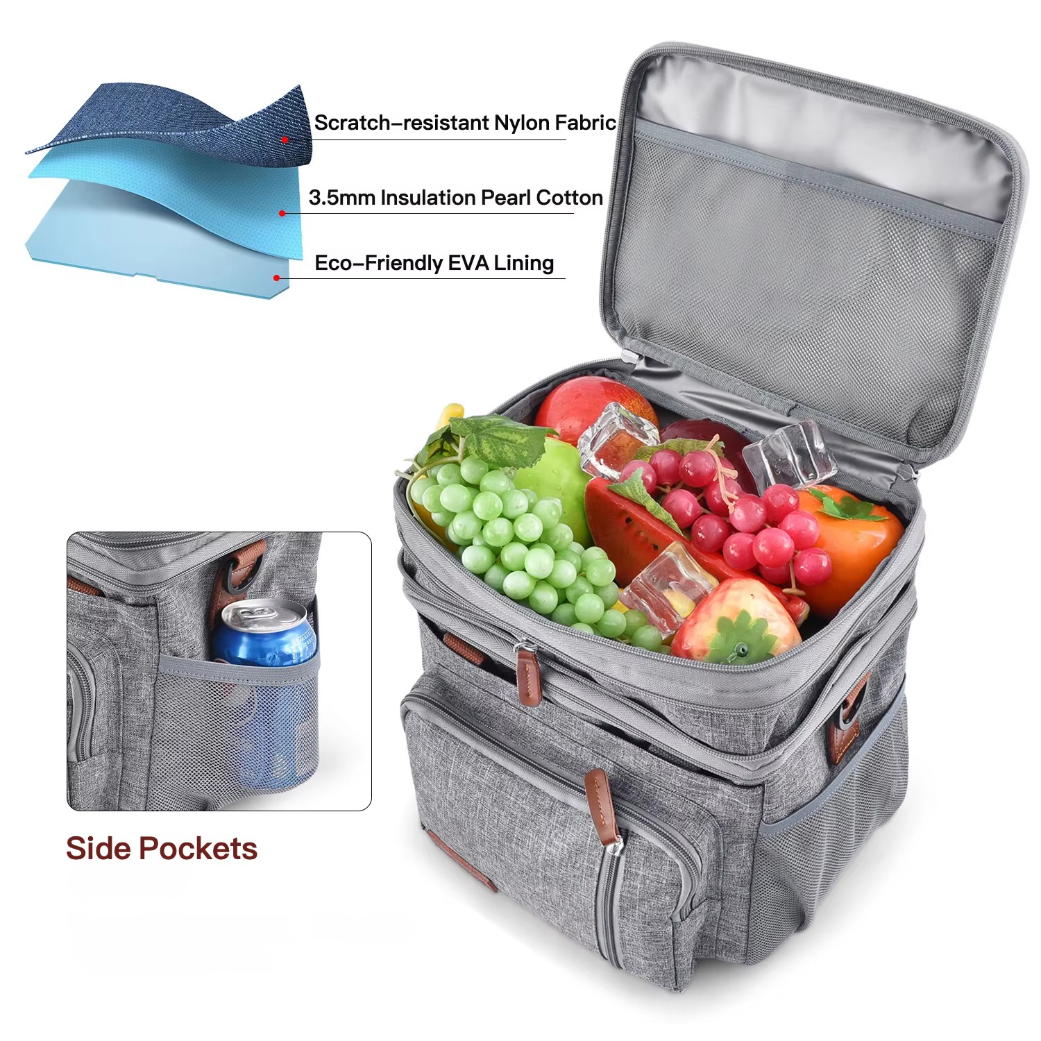 fabric layer diagram nylon pearl cotton EVA lining with side pocket can holder