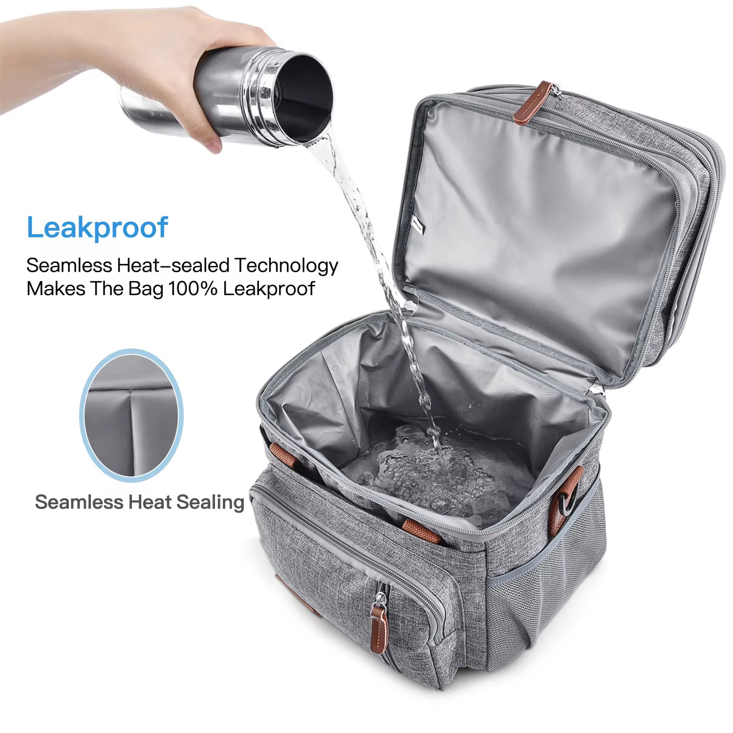 water poured into open bag demonstrating leakproof heat-sealed lining