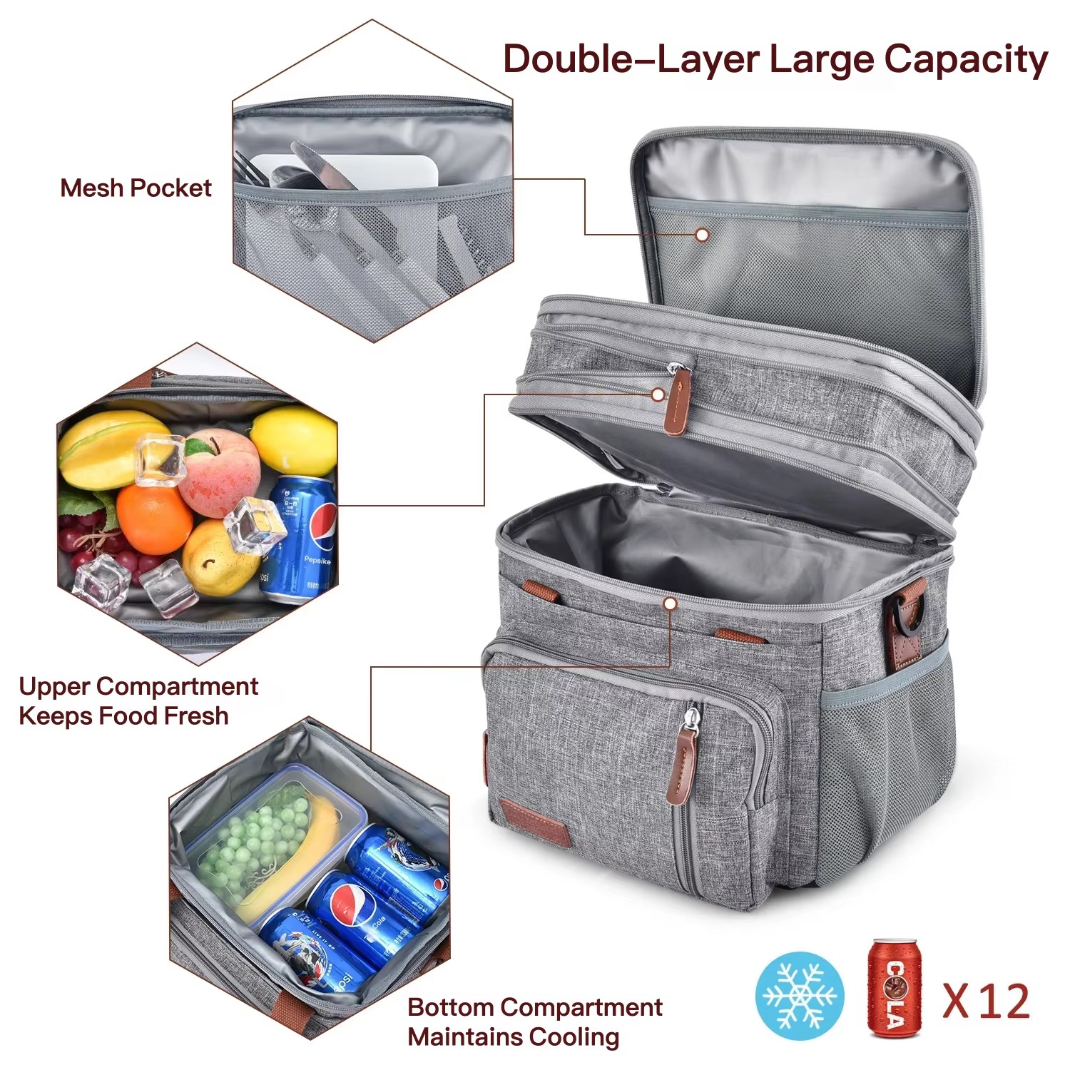 double-layer diagram mesh pocket upper and lower compartments with fruit and cans