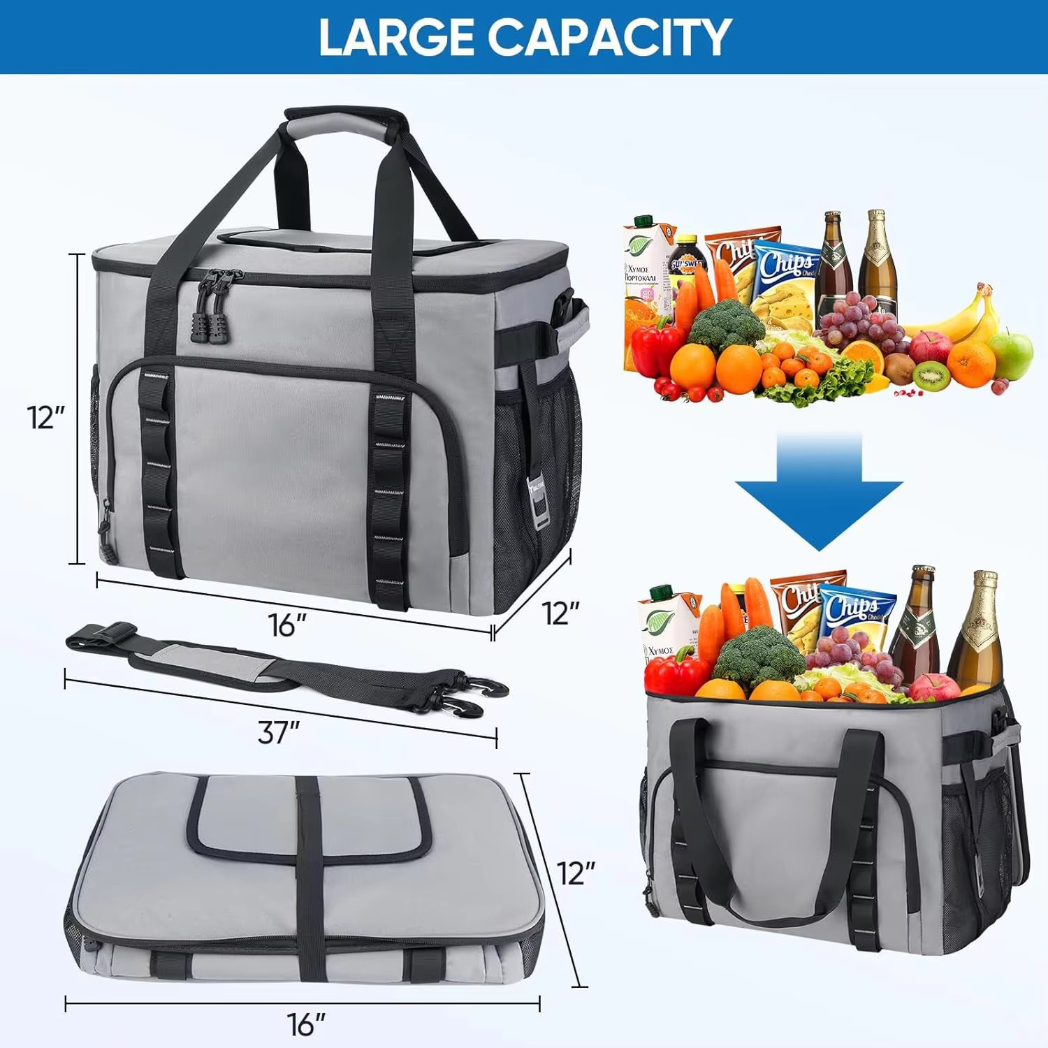 large capacity with dimensions and folded flat view