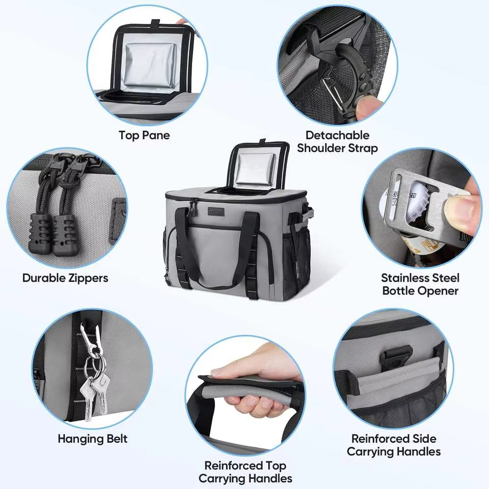top pane, shoulder strap, zippers, bottle opener and handles