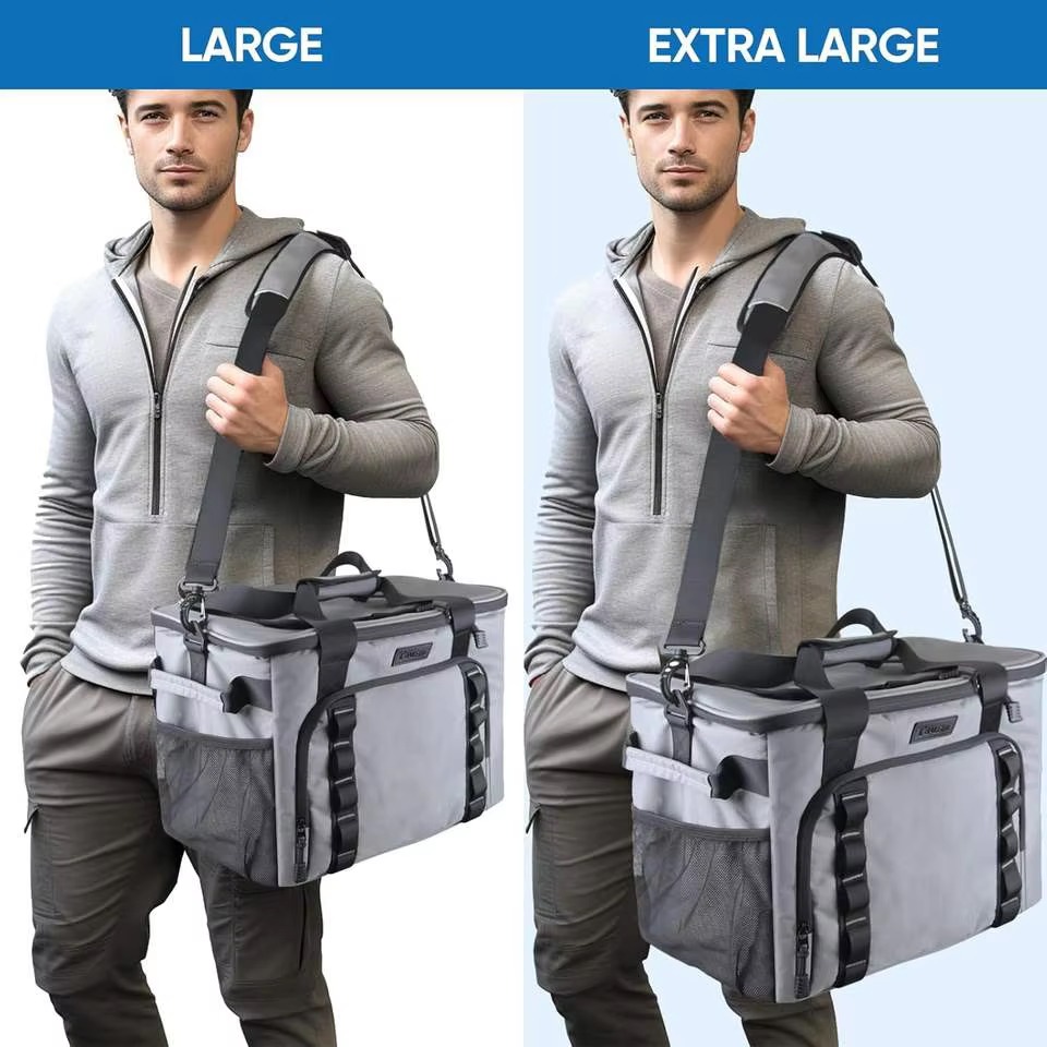 man carrying large and extra large coolers on shoulder