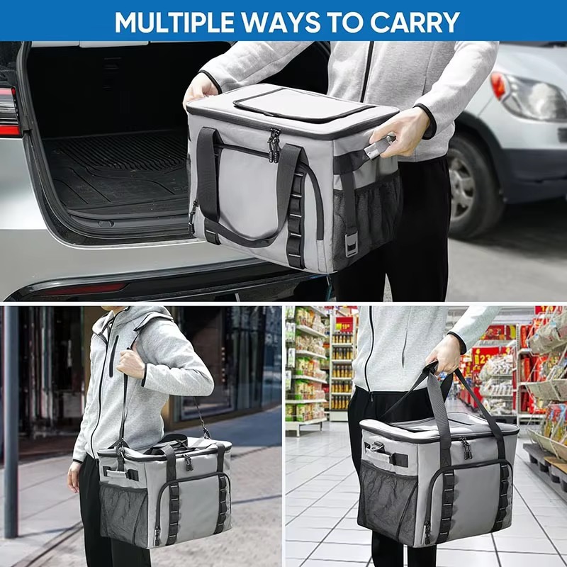 carrying cooler to car, on shoulder and by hand