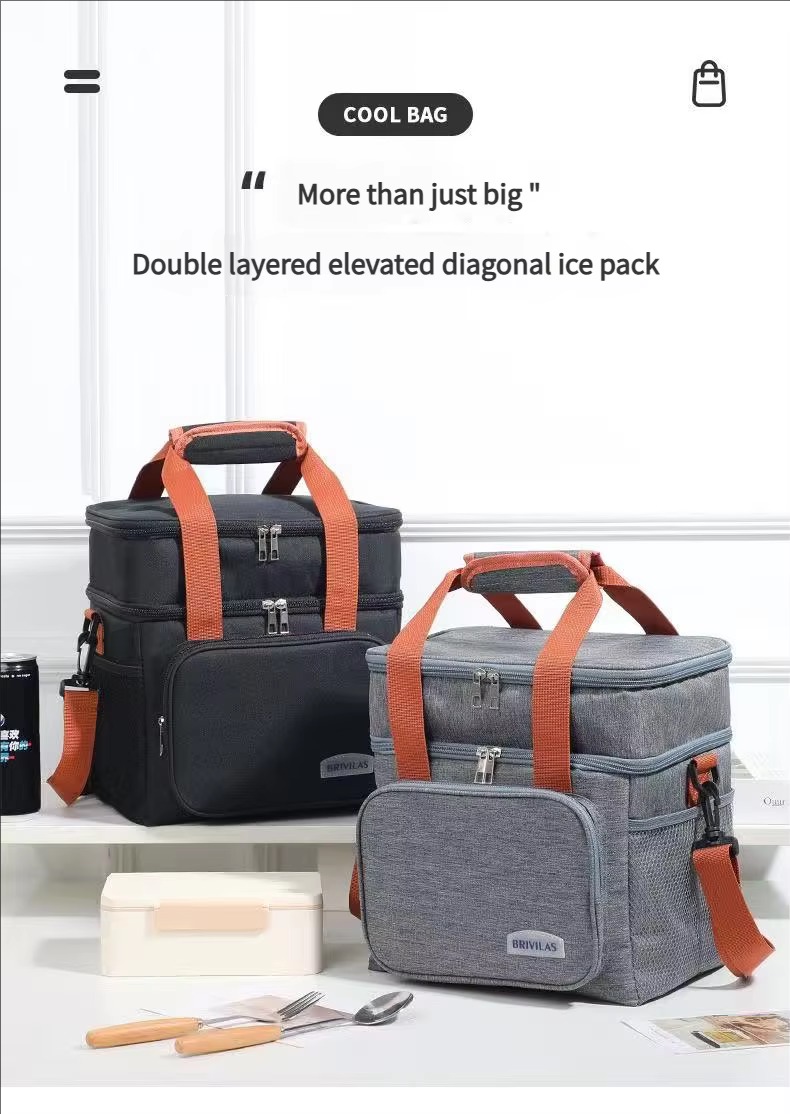 double layered elevated ice pack diagram on gray and black bags