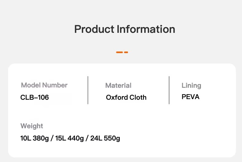 product information with Oxford material and PEVA lining