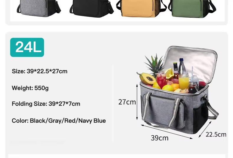 24L size specs with fruit and drinks