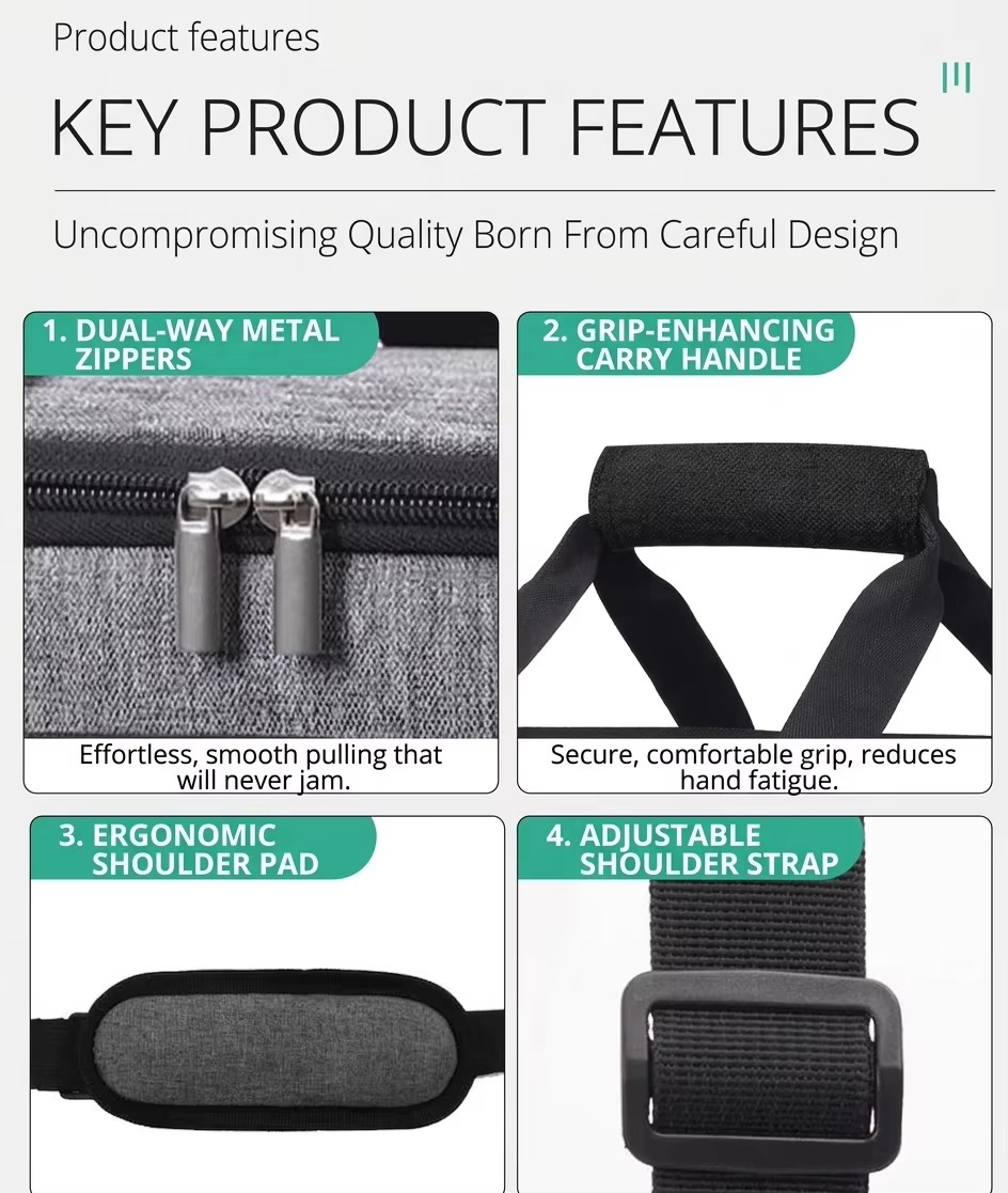 dual-way metal zippers, carry handle, shoulder pad and strap