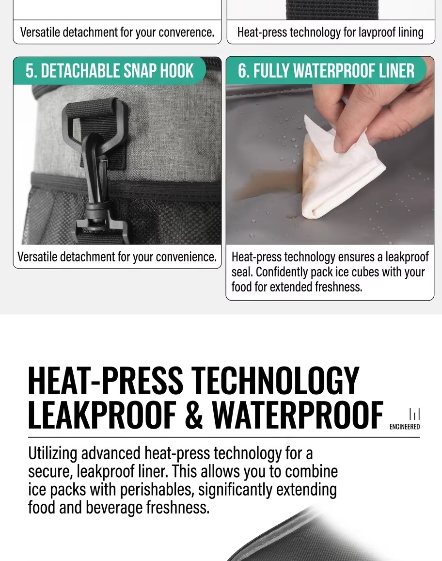 detachable snap hook and waterproof heat-pressed liner