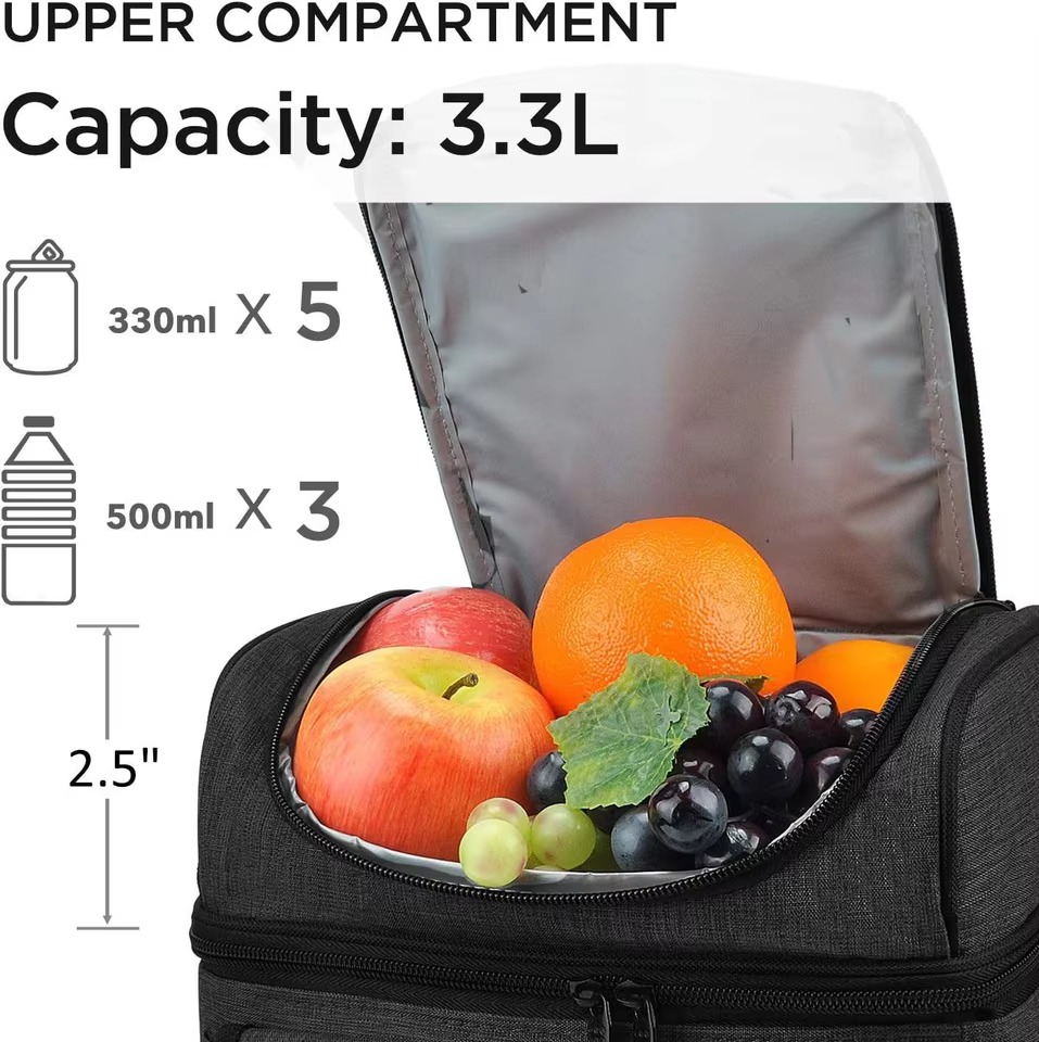 upper compartment 3.3 liter capacity holding 5 cans or 3 bottles of fruit