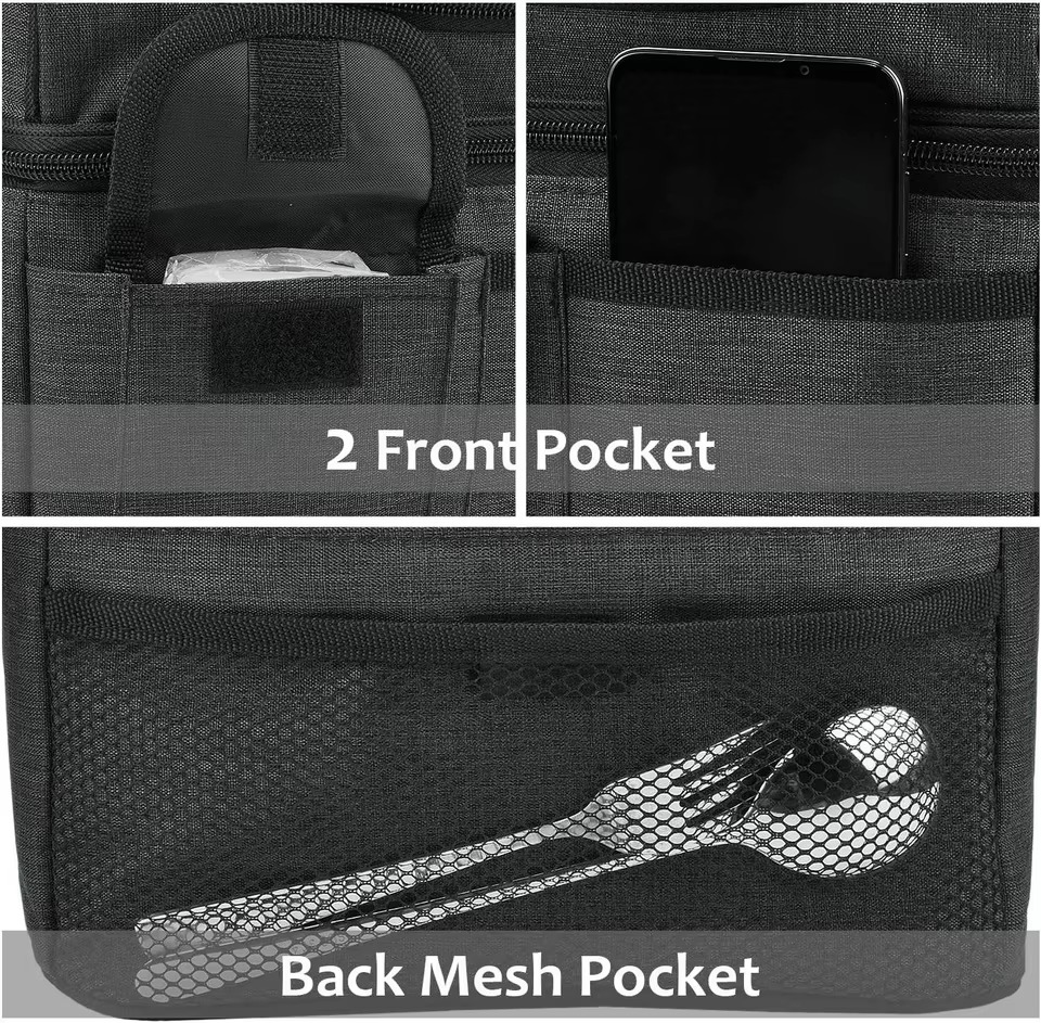 two front pockets and a back mesh pocket holding a phone and utensils